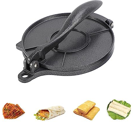 Tortillapresse aus Gusseisen, 20 cm, Roti Maker voreingebrannter Mais- oder Mehl-Tortilla-Maker, Mehlpresse, langlebiges Gusseisen, Pataconera, Roti-Teig (schwarz)