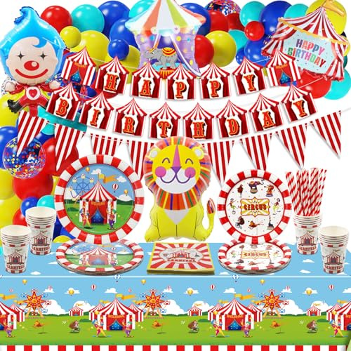 Karneval Party Supplies: Flagge, Geburtstagsbanner, Tischdecke, Luftballons, Papierteller, Servietten, Zirkusdekorationen für Kindergeburtstage, 20