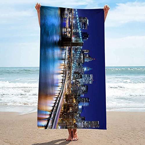 ALMONO Mikrofaser Strandtuch New York Groß 100x200 cm, 3D Strandhandtuch Stadtnachtansicht Weiches Leicht Reisehandtuch Schnelltrocknend Sandfreies Strandtücher, Saunatuch, Badetuch