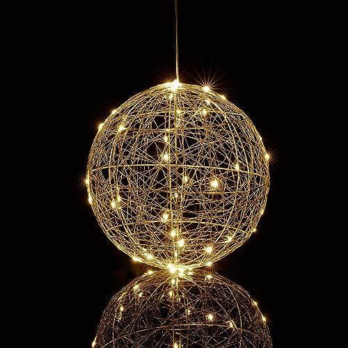 Relaxdays Sfera di Luci a LED, Lampada Decorativa Fili Luminosi, da Appendere o Appoggiare, Cavo Lungo, Ø 25 cm, Argento, Rame