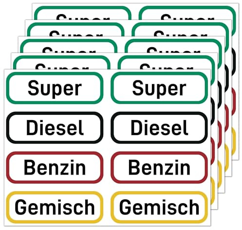 40 x Kraftstoff Aufkleber für Tankdeckel & Kanister (60x20 mm) | Benzin, Diesel, Super, Gemisch / Benzingemisch - Brennstoff Sticker für Auto, Motorrad, Kettensäge & Rasenmäher