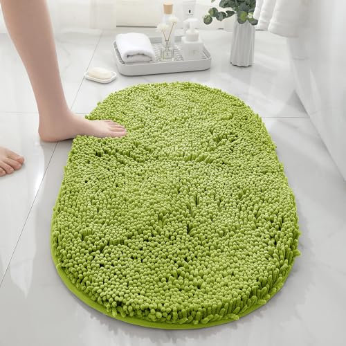 Mateju Bath Mats for Bathroom Non-Slip, Lime Green 40x60cm Thick Chenille Bathroom Rug Soft Washable Bathroom Mat Absorbent Shower Elliptical Plush Floor Mats for Bathroom, Kitchen, Shower