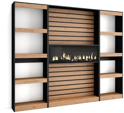 Skraut Home | Librería estantería | Estanteria Libros de Pared | 230x186x25cm | Salón - Comedor - Oficina | Chimenea eléctrica | Estilo Moderno | Roble y Negro