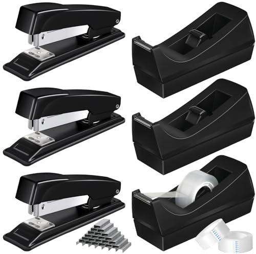 Thenshop 6 Pcs Desk Staplers Tape Dispensers Sets Black Staplers for Desktop Office with Standard Staples Black Holder with White Tape for Office School