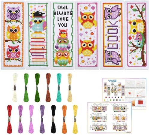 ORIGACH 6 Stück Eule Kreuzstich Lesezeichen Set für Anfänger | 11CT Kreuzstich Set mit Anleitung Vorgedruckt, Vorgedruckt Sticken Lesezeichen-Set für Erwachsene Buch-Liebhaber