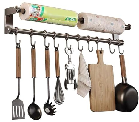 HMAKGG Hakenleiste Küche Wand Küchenrollenhalter, Küchenreling Edelstahl Ohne Bohren Küchenhalterung mit 10 Haken, Wandrollenhalter Küche Hängeleiste Stange für Küchenutensilien 60 cm