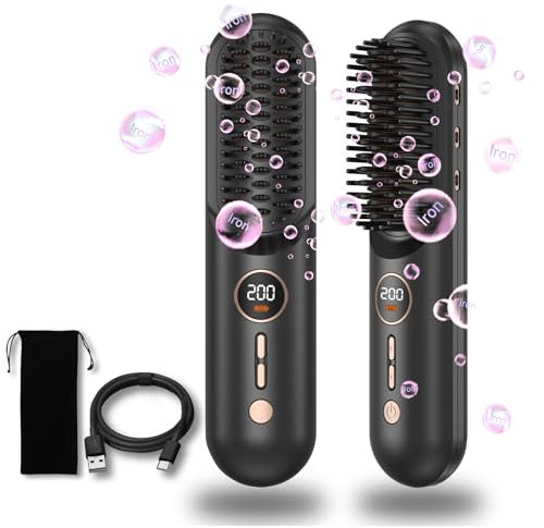 UKLISS Spazzola per capelli senza fili, mini spazzola lisciante senza fili portatile Pro aggiornata per i viaggi, pettine caldo a ioni negativi senza fili per le donne, 9000 mAh USB
