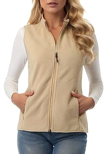 Fleece Weste Damen, Softshell Casual Ärmellose Fleeceweste Outdoor Kurze Damenweste Jacke Vest Mit Reißverschlusstaschen Beige M