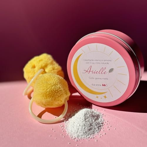 ARIELLE SPUGNA MESTRUALE - alternativa ai tamponi e coppette: assorbente interno naturale, lavabile e riutilizzabile con contenitore, 2 spugne e percarbonato per igienizzazione (M)