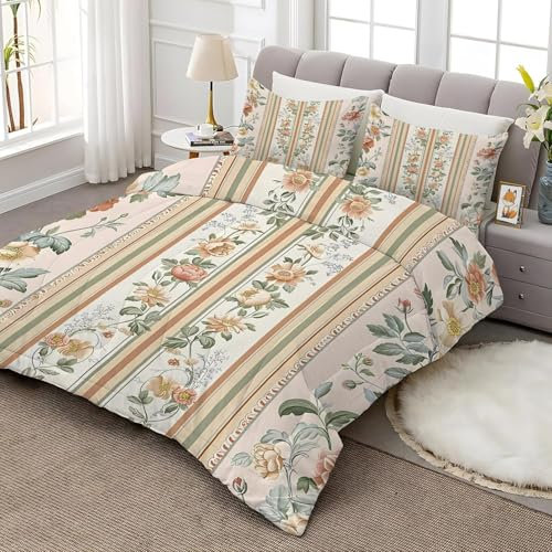 Bettdecke 200x220 Ohne Bezug Nutzbar, Blumen Und Blattdrucke Bettdecken Waschbar Ganzjahresdecke Retro 4 Jahreszeiten Steppdecke, Bettzeug Microfaser mit 2 Kissenbezug für Sommer Winter Doppelbett