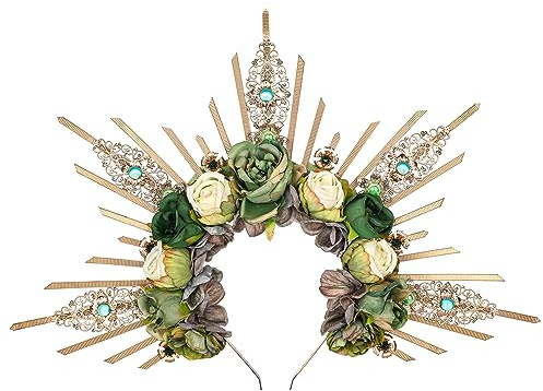 COSUCOS Renfaire Roses Halo Crown - Handmade Woodland Goddess Headpiece with Crystal Gold Sunburst Headband Spiked Green Rose Flower Tiaras for Women Fairy Renaissance Cosplay Halloween