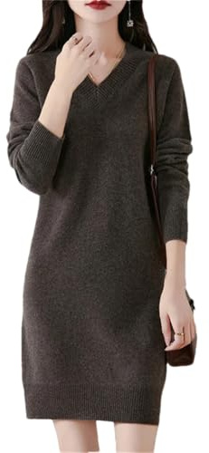 Abito da donna con scollo a V in lana merino a maniche lunghe Pullover tinta unita gonna lavorata, Marrone, XXL