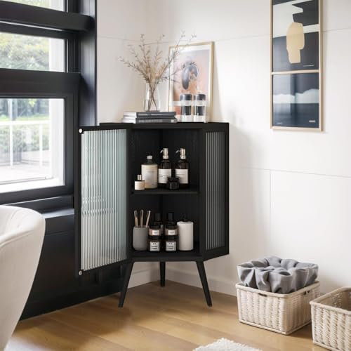 YIJIEHH Moderne Eckschrank Mit Verglastüren Aus Hartglas, Eckschrank Für Kleine Räume, Freistehender Metall-Ecktisch Und Regal Für Badezimmer, Küche, Schlafzimmer, Wohnzimmer