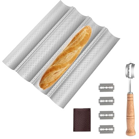 DYUEE Bandeja para hornear baguette para 4 baguettes con revestimiento antiadherente, molde perforado grueso para hornear baguette para horno, accesorios de molde de baguette (plata)