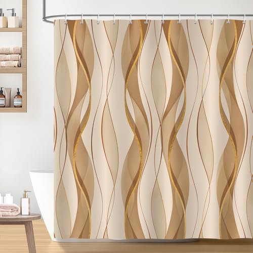 Bonhause Brown and Tan Striped Shower Curtain, Modern Abstract Minimalist Bathroom Curtain 180 x 180 cm Waterproof Mildew and Mould Resistant Polyester Fabric Bath Curtain with 12 Hooks