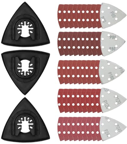 53 Stück Multitool schleifaufsatz, Multitool schleifplatte 93mm, Fein multimaster Dreieck schleifplatte set mit 60/80/120/180/240er Körnung deltaschleifer schleifpapier (93mm)