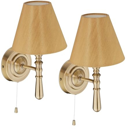 Relaxdays Wandlampe mit Schirm, 2er Set, Zugschalter, Flur & Wohnzimmer, E14, Stoff, Metall, HxBxT: 28x16x19 cm, Messing