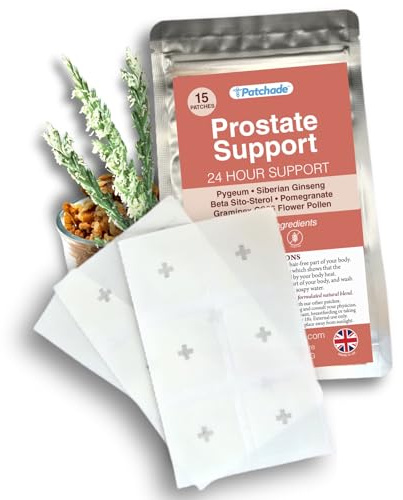 Natural Prostate Patches (15) - Drug Free, Hormone Free with Ginseng, Graminex Pollen, Pomegranate, Pygeum Bark, Plant Sterols, Waterproof, Hypoallergenic, Vegetarian. Made in UK. 2 Weeks' Supply