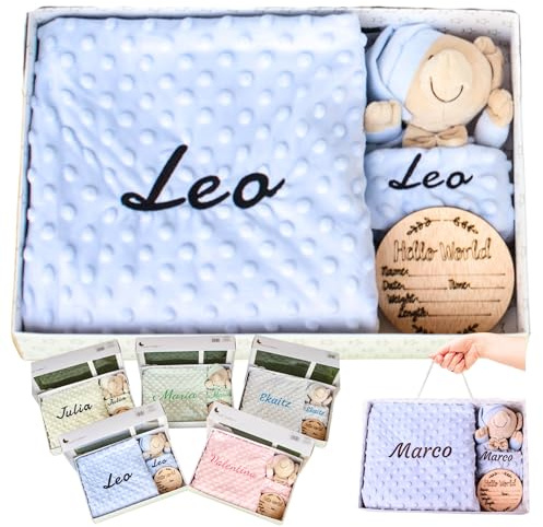 Olesea Regalo Bebe Recien Nacido niño - Manta Personalizada - Cesta Bebe Recien Nacido niño - Canastilla niña - Manta Dou Doy Nombre Bordado