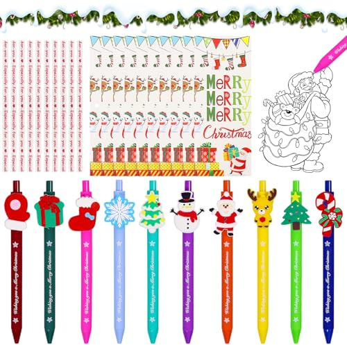 Petit Cadeau Noel, 10 Pièces Stylo Noel, Stylos à Bille de Noël, Set de Papeterie de Noël avec Stylo de Noel, Carte Noel, Ruban Noel, Stylo à Bille Rétractable Noel Petits Cadeaux Calendrier Avent