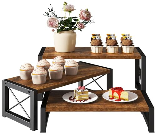 IBUYKE Bandejas para Tartas, juego de 3, Expositor Grandes de Madera para Dulces y Aperitivos,Soportes para Tartas,Bandeja de Exhibición para Decoración, Muñecas, Alimentos, Perfumes, Marrón TLJ019H