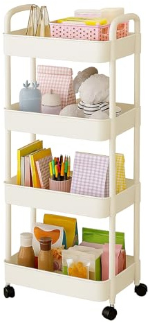 Genérico Carrito Organizador con Ruedas, 4 Niveles, Plástico Blanco, 92 x 32 x 21 cm, para Baño, Cocina, Habitación, Carrito Auxiliar Multiusos, Organizador de Plástico