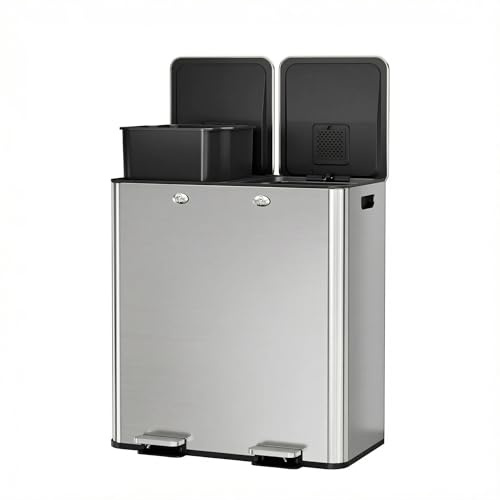 GarveeHome 60L/16 Gal Dual Compartment Trash Can, Stainless Steel Kitchen Garbage Bin with Foot Pedal, Separate Lids & Removable Baskets for Easy Sorting - Ideal for Home, Office, Restaurant Use