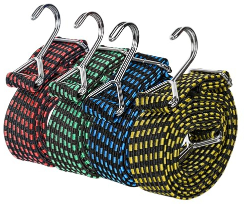 4er-Set Spanngummi mit Haken 2m, Gepäckspanner & Expander mit Metallhaken, Extra starke Gummispanner für Ladungssicherung, Geeignet für Fahrrad, Motorrad,Camping & Auto,4 Farben(Rot, Gelb, Blau, Grün) | 4 Stück, 4 Farben, für Lastentransport, flache elastische Gurte, Universal, für Fahrrad, Motorrad, Auto, Camping