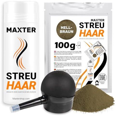 Maxter Streuhaar zur Haarverdichtung HELLBRAUN + Spray Applikator + Nachfüllbeutel 100g - Haarpuder gegen Kaschierung von Haarausfall - Männer und Frauen - Mikrofaser in Pulverform - Hair Fiber