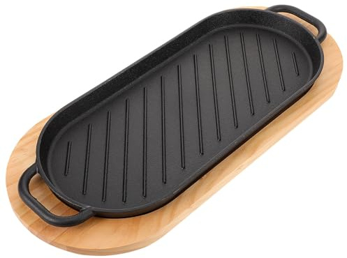 MALUGOGO Sartén para Bistec de Hierro Fundido 37,5x16 Cm con Doble Asa y Bandeja de Madera, Plancha Antiadherente para Carne y Parrilla, Plato para Servir Caliente en Cocina y Restaurante