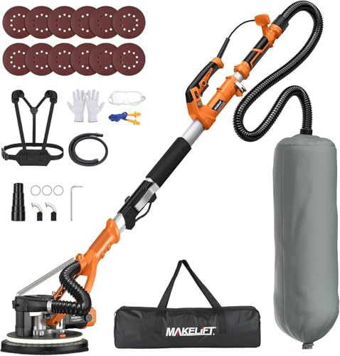 Drywall Sander with Vacuum Dust Collector, 1050W 7.33A Popcorn Ceiling Removal Tool, LED Light, 5 Variable Speed 1000-2100RPM, Foldable & Extendable Handle, 12 Sanding Discs