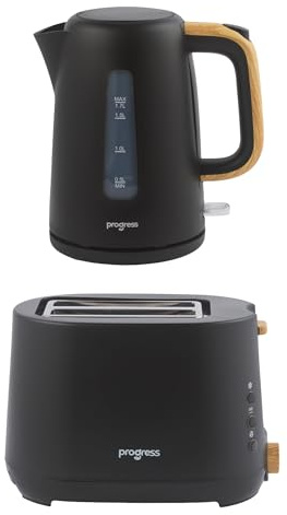 Progress Skara Kettle & 2-Slice Toaster Set – 1.7L 3000W Rapid Boil Kettle & 750W Toaster with 6 Browning Levels, Defrost, Reheat & Cancel, Black with Wooden Accents | 3000 W rapid boil kettle, 360-degree swivel base, 6 browning levels, defrost/reheat/cancel functions, wooden accents