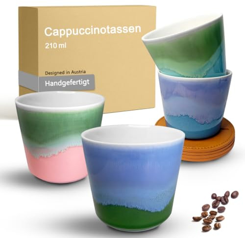 OndaCore Juego de 4 tazas de 210 ml, de porcelana, hechas a mano, de cerámica, sin asa, aptas para lavavajillas, latte macchiato, capuchino