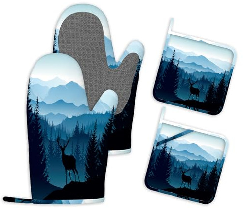 Hirsch Nebel Wald 4er Set Ofenhandschuhe und Topflappen Silikon Küchenhandschuhe Hitzebeständig Topfhandschuhe rutschfeste Backofen Handschuhe zum Kochen BBQ und Grillen