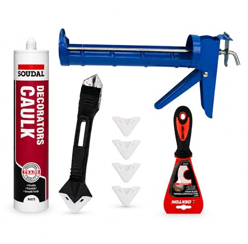 Pistola selladora y calafateo blanco fresco de 290 g, incluye herramientas selladoras de baño y cocina, juego JDM Craft ideal para trabajos resistentes al moho y removedor de silicona