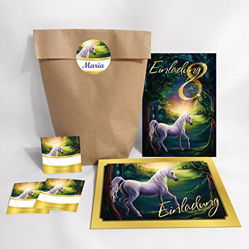 JuNa-Experten 12-er Set Einladungskarten, Umschläge, Tüten, Aufkleber zum 8. Kindergeburtstag Mädchen Einhorn/Einladung Geburtstag/Unicorn/Prinzessinparty