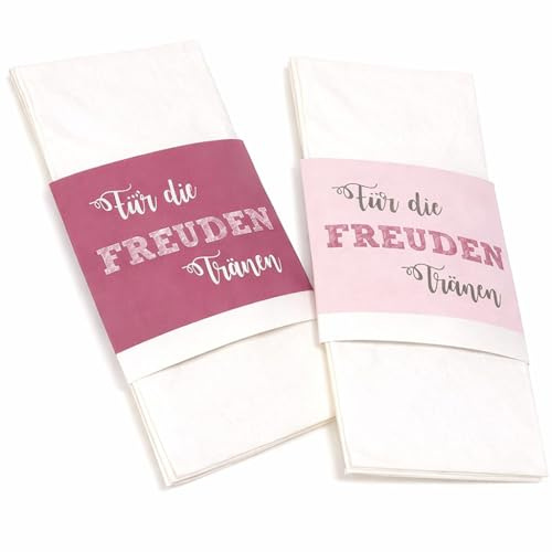 Hochzeitsshop Weddingtree 50 Freudentränen Banderolen Hochzeit – Taschentuch Banderolen für Freudentränen – Hochzeitsdeko Kirche & Standesamt – Gastgeschenk Hochzeit – Design rosa pink