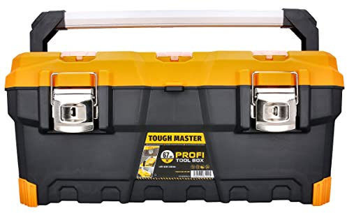 Tool Box 26 Inch 67cm With Tray Professional Toolbox With Compartment Organiser Aluminium Handle Sturdy Reinforced Plastic Body With Hinged Lid TOUGH MASTER