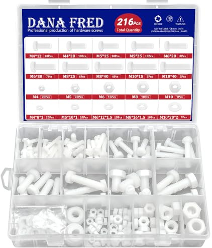M4 M5 M6 M8 M10 White Nylon Hex Bolt Nut Washer Kit,216 Pieces Metric Thread Machine Bolts Plastic Hexagon Screw Nut Washer for Micro Controller Board Building,Insulate or Fasten PCB Board