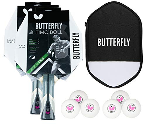 Butterfly 2 x Timo Boll Vision 1000 Tischtennisschläger + Cell Case Tischtennishülle + 2 x 3*** ITTF R40+ Tischtennisbälle | Tischtennisschlägerset | Tischtennis Profi Set
