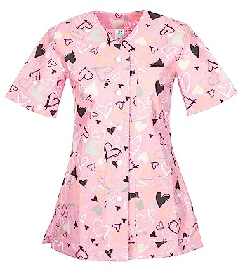 DINOZAVR Carla Uniforme Medica - Medico Casacca da Donna con Bottoni a Pressione - Rosa/Cuori S