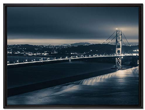 Pixxprint Golden Gate Bridge in New York Leinwandbild 80x60 cm im Bilderahmen, Wandbild, Schattenfugenrahmen, Kein Poster