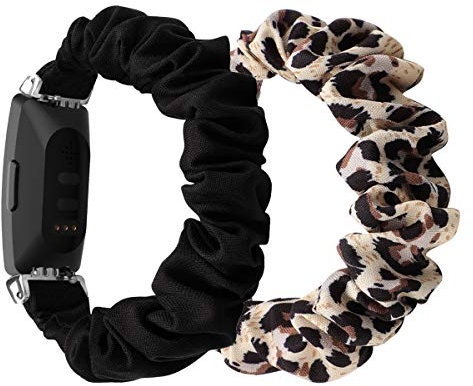 (2-Pack) Chofit Strap Compatible with Fitbit Inspire 2/Inspire HR/Inspire Straps, Replacement Scrunchies Arm Band Chiffon Satin Wristband for Women for Inspire 2 Fitness Tracker (Large, Black+Leopard)