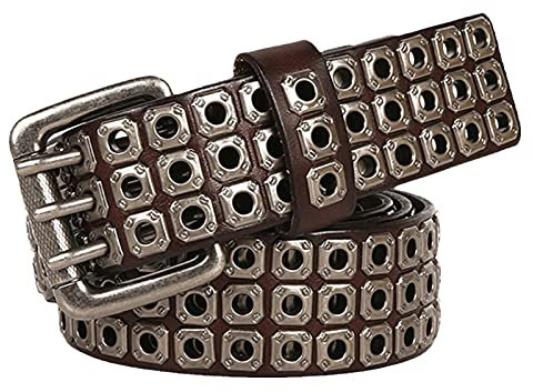 YDYBY Herren Damen 3 Reihen Nieten Echtleder Gürtel Punk Rock Style Nietengürtel für Oder Gothic-Outfits 105cm - 125cm Länge,Braun,115CM