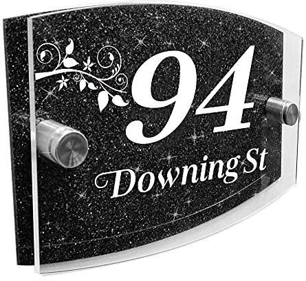 Modern House Sign Plaque Door Number | Personalised Glass Effect Acrylic Glitter Sign | Personalised House Number Hand Finished in UK (BLACK, Design B)