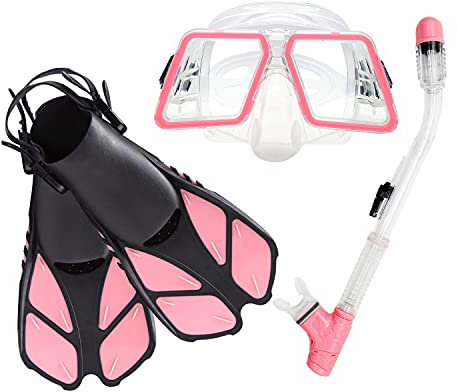 HGYJ Schnorchelpakete für Erwachsene, zusammenklappbarer vollständig trockener Schnorchel mit großer Verdrängung + HD-Silikon-Tauchmaske + verstellbaren Flossen，Tauchen Schwimmen,Pink,One Size