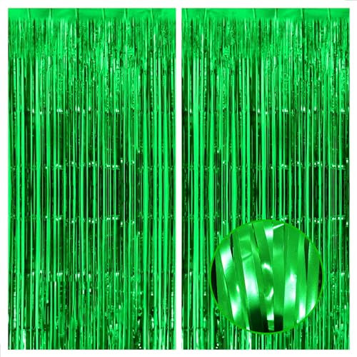 KatchOn, Green Streamers - 3.2x8 Ft, Pack of 2 | Green Backdrop for Birthday Decorations, Jungle Party Decoration | Foil Fringe Curtains for Dinosaur, Tropical, Safari Party, Christmas Decorations