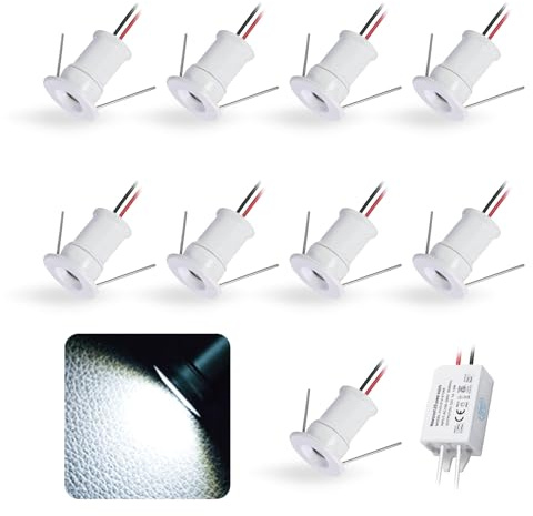 kpslucerna Mini LED-spots infällda spotlights taklampa 9 stycken 12 V 1 W, infälld lampa, IP65 spot, inbyggd takljus, ljus för kök, trappa, skåp, hall (vitt fodral kallt vitt 120 °)
