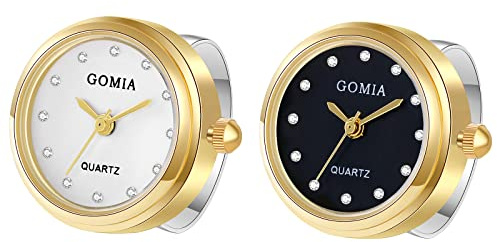 JewelryWe Ringuhr Fingeruhr Damen Herren Analog Quarz Edelstahl Verstellbar Ring Uhr Fingerringuhr Uhrenring mit Strass Rundem Zifferblatt, Gold Silber