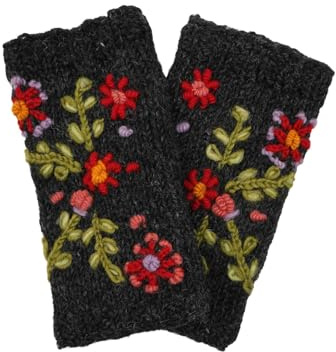 Pachamama Scaldamussi da donna in lana, foderato in pile, lavorato a mano con fiori ricamati, multicolore, taglia unica, fatto a mano, extra caldo, commercio equo e